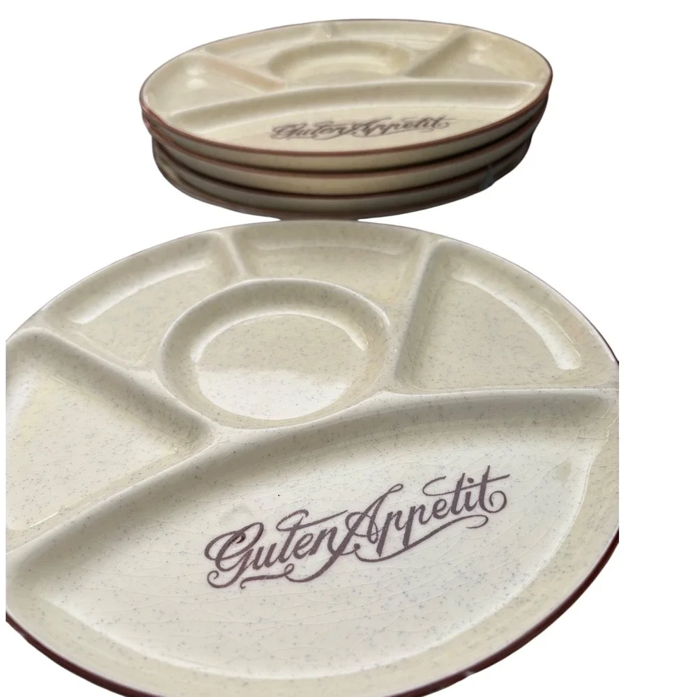 Vintage‎ Guten Appetit Divided Fondue Plates Set of 5 Speckled Ceramic 9 Inch